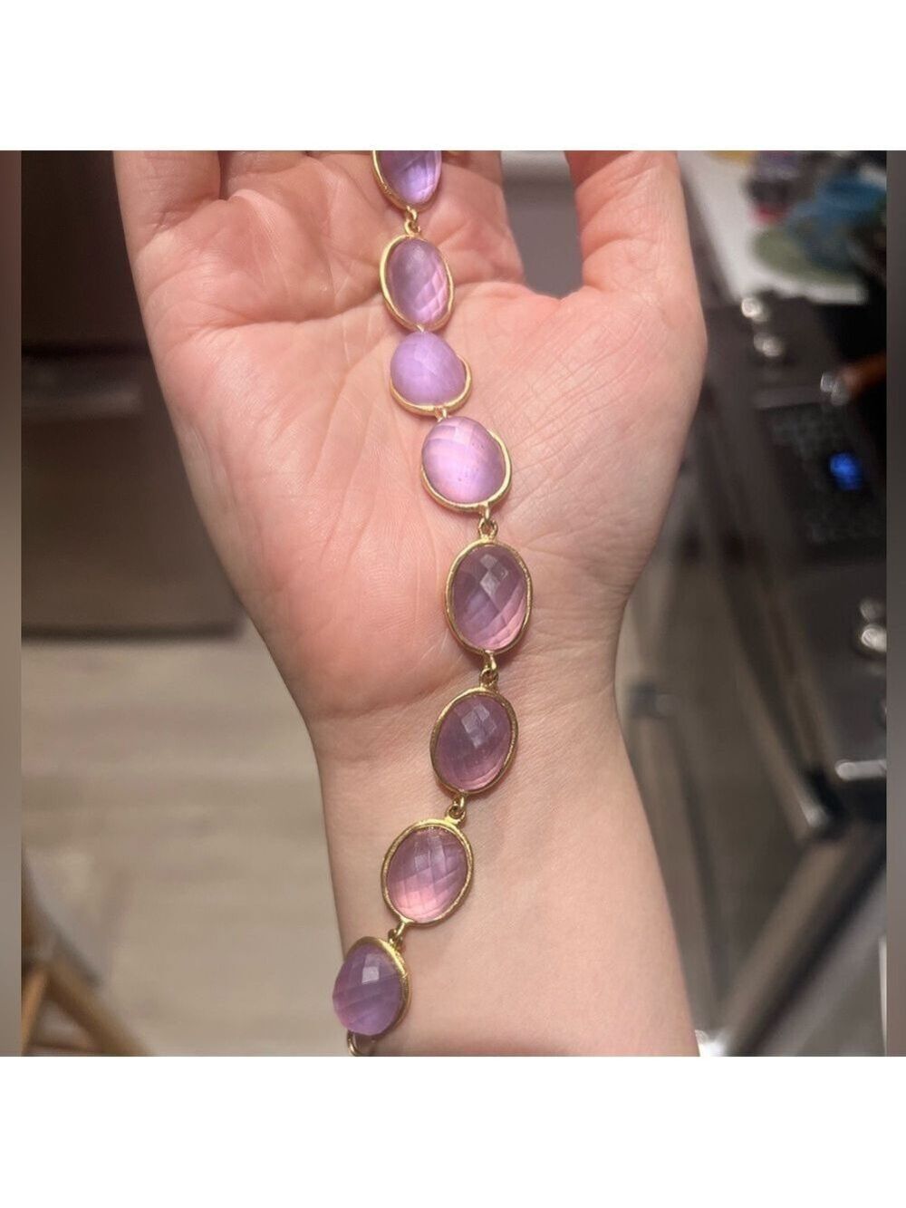 Michael Vincent Michaud Pink/Lavender Faceted Glass Link Bracelet Gold Handcast